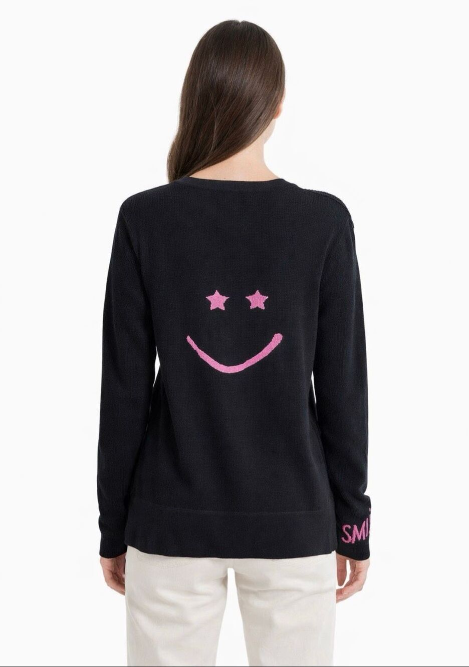 Lisa Todd Black Pink Smiley Face Waffle Knit Henley Cashmere Sweater S